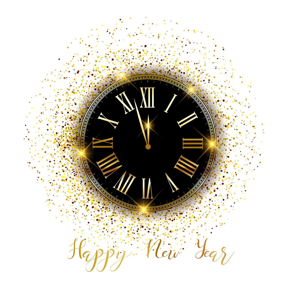 Happy New Year clock background with gold confetti